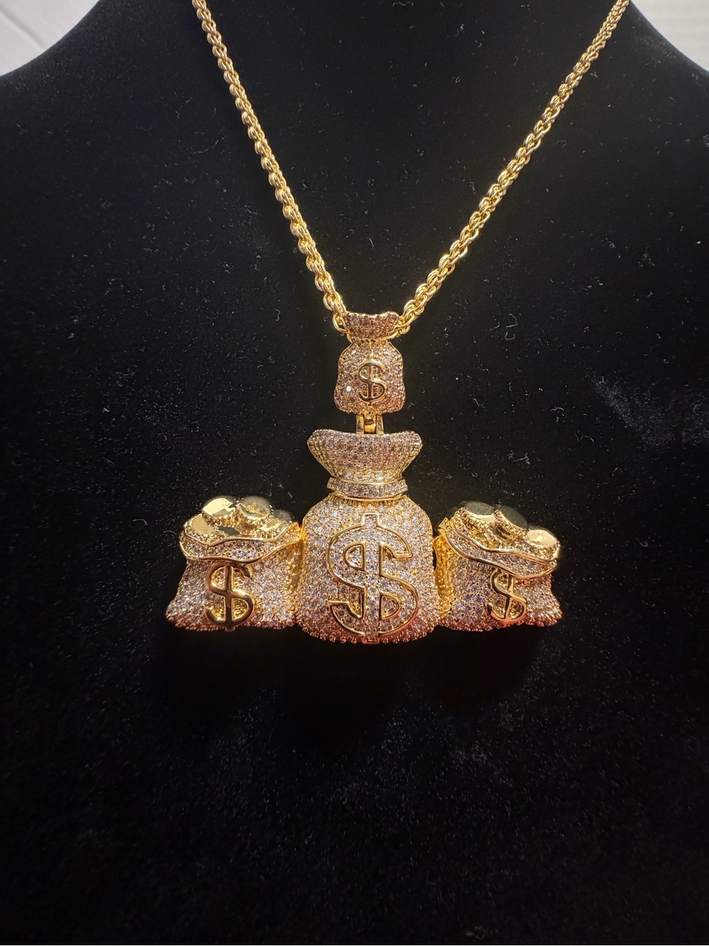Triple Money Bags Pendant – Full Moissanite | 14K Gold Plated